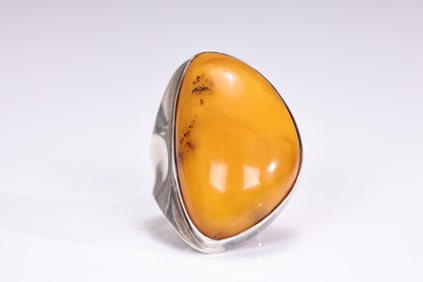 Large Amber Butterscotch Open Band Sterling Silver Ring