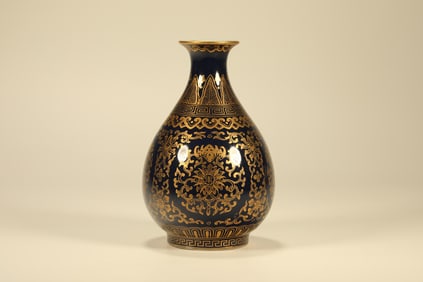 Bright Blue Glazed Gold Drawing Flower Pattern Porcelain Vase