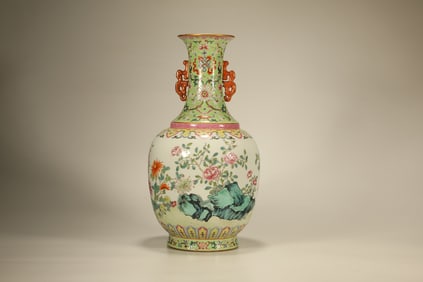 Famille Rose Flower and Bird Pattern Porcelain Double Ears Vase