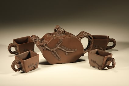 Group of Five Purple Clay Carved Pine Tree Pattern Monkey Shape Teapot,Chen Mingyuan Mark