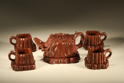 Group of Ten Purple Clay Carved Tree Stump Shape Teapot,Chen Mingyuan Mark