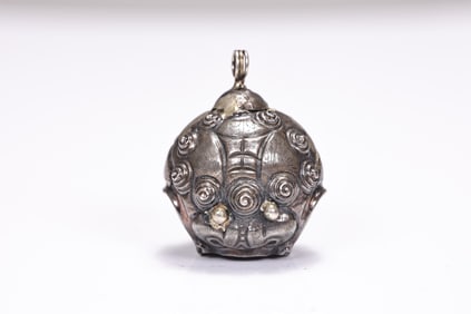 Chinese Silver Lion Food Dog Bell Pendant