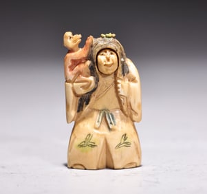 Japanese Bone Carved Figure Man Rotating Head Two Face Netsuke