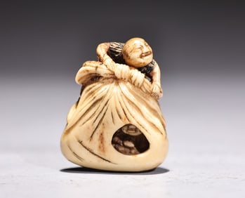 Japanese Bone Carved Figure Man Carry Bag With Baby Inside Netsuke