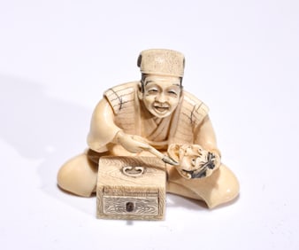 Japanese Bone Carved Figure The Mask Maker Netsuke With Box