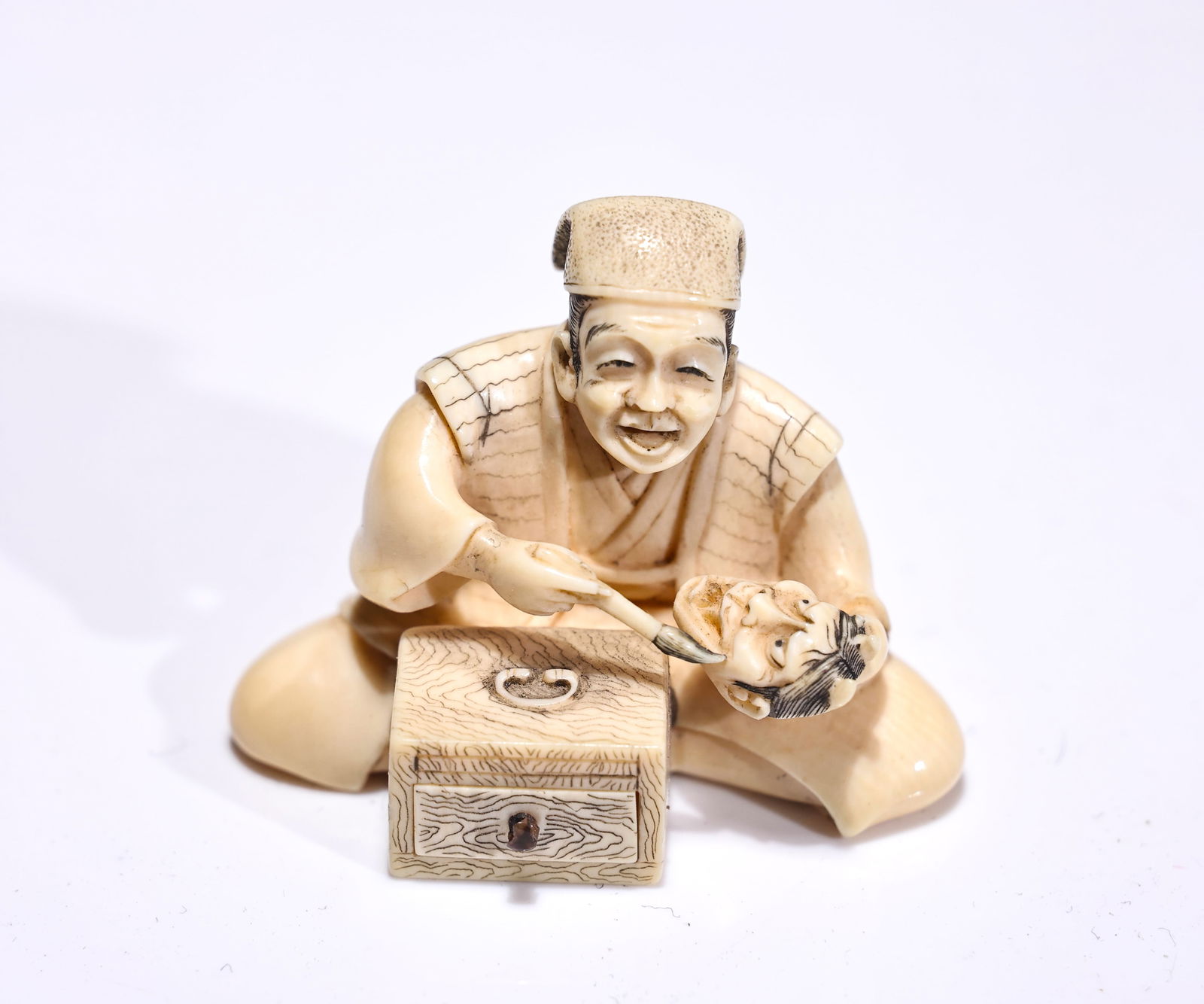 Japanese Bone Carved Figure The Mask Maker Netsuke With Box: Japanese Bone Carved Figure The Mask Maker Netsuke With Box (3.7 x 2.2 x 3.2 cm)