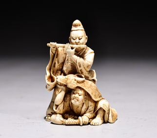 Japanese Bone Carved Figure Flute Player And Preforming Netsuke