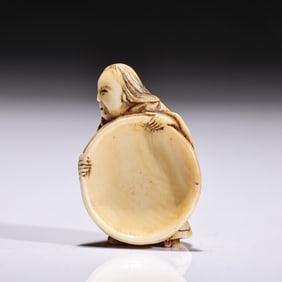Japanese Bone Carved Figure Woman Working Netsuke