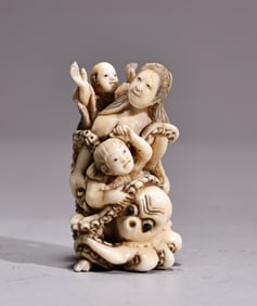 Japanese Bone Carved Figure Kids With Mom Octopus Netsuke