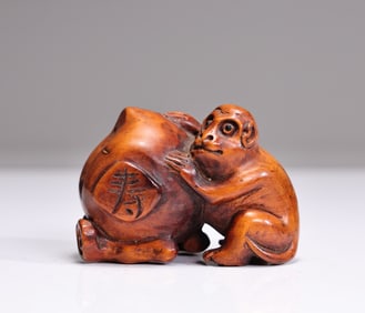 Japanese Boxwood Carved Monkey And Peach Netsuke