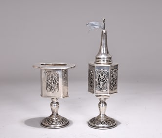 Pair Of Israeli Sterling Silver Spice Tower And Match Holder