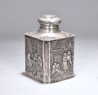 Vintage Silver 800 Ornate Tea Caddy Detailed Embossed Scene: Vintage Silver 800 Ornate Tea Caddy Detailed Embossed Scene (7 x 7 x 11 cm)