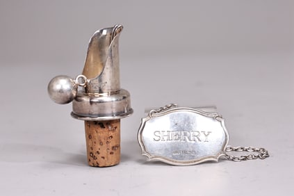 Silver Plated Cork Spout And Sterling Silver Sherry Wine Label