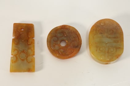 Group of Three Jade Carved Beast Face Pattern Bi