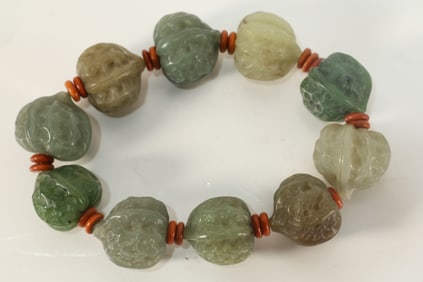 Jade Carved Walnut Shape Bead Bracelet