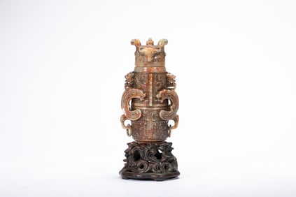 Shoushan Carved Beast Face Pattern Double Dragon Ears Vase