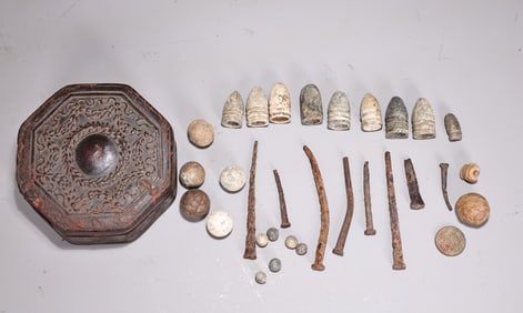 Group Of Relics From Civil War Bullets, Nails, Balls In Box