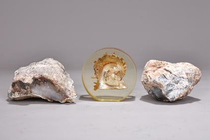 Dendritic Opal Agate Gemstone And Oyster With Pearl Paperweight