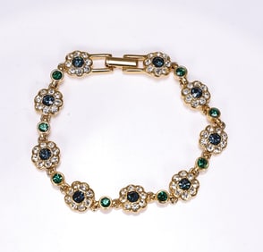 Joan Rivers Gold Tone Blue And Green Rhinestone Flower Bracelet