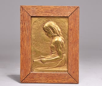 Bronze Wall Sculpture Of Girl In Wood Frame