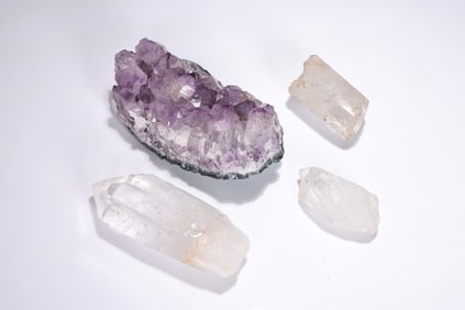 Group Of Natural Amethyst And Transparent White Quartz Cluster
