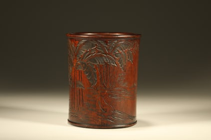 Huanghuali Wood Carved Landscape and Character Pattern Brush Pot