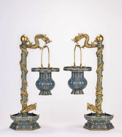 Pair of Bronze Cloisonne Basket with Dragon Head Stand
