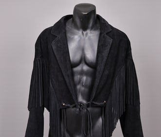 Vintage Chia Fringe Suede Black Leather Open Front Tassel Jacket Size L