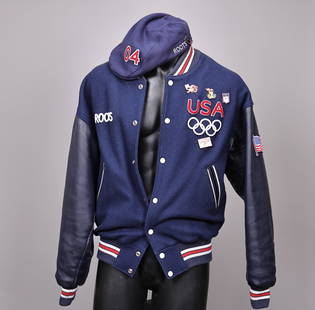 Roots USA Olympic Varsity Wool Leather Navy Jacket Men Size S With Hat: Roots USA Olympic Varsity Wool Leather Navy Jacket Men Size S With Hat (Size S)