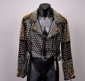 Azalea Wang Gold Black Spike Studded Crop Leather Jacket