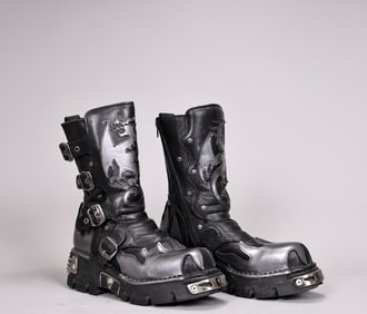 New Rock 600-C10 Dragon Flame Chunky Buckled Black Leather Boots EU44