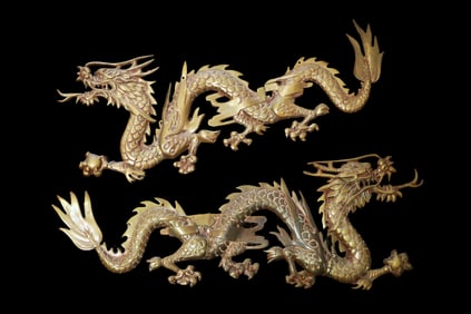 Pair Of Solid Brass Dragon Wall Deco Sculpture