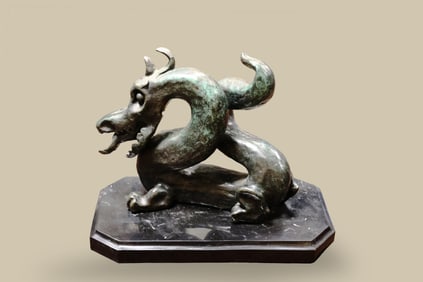 Asian Bronze Dragon Sculpture On Marble Stand Artist Signed