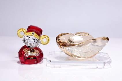Swarovski Crystal Asian Symbols Cute God Of Wealth And Golden Ingot With Base