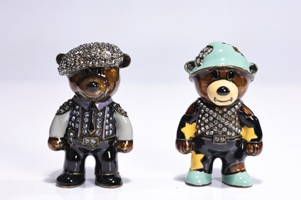 Enamel Jeweled Bear Figurines Set Of 2