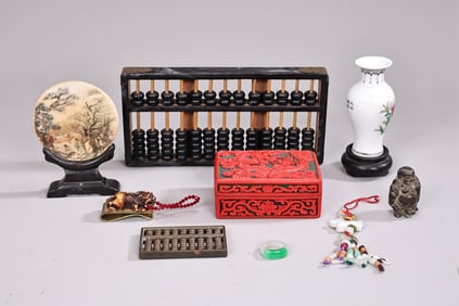 Collection Of Asian Art Objects Abacus,Jade, Porcelain And Red Lacquer