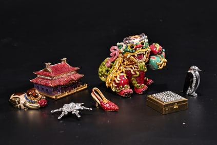 Group Of Enamel Rhinestone Crystal Trinket Boxes And Brooch
