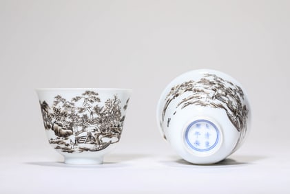 Pair of Ink Colored Landscape and Character Pattern Porcelain Cup