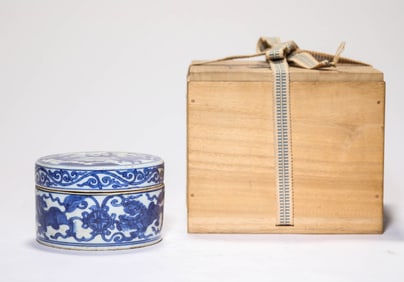 Blue and White Lion Pattern Porcelain Lid Box