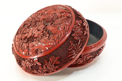 Lacquerware Red Carved Landscape and Character Story Pattern Lid Box