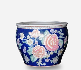 Large Chinese Porcelain Fish Pot With Blue Flower Pattern