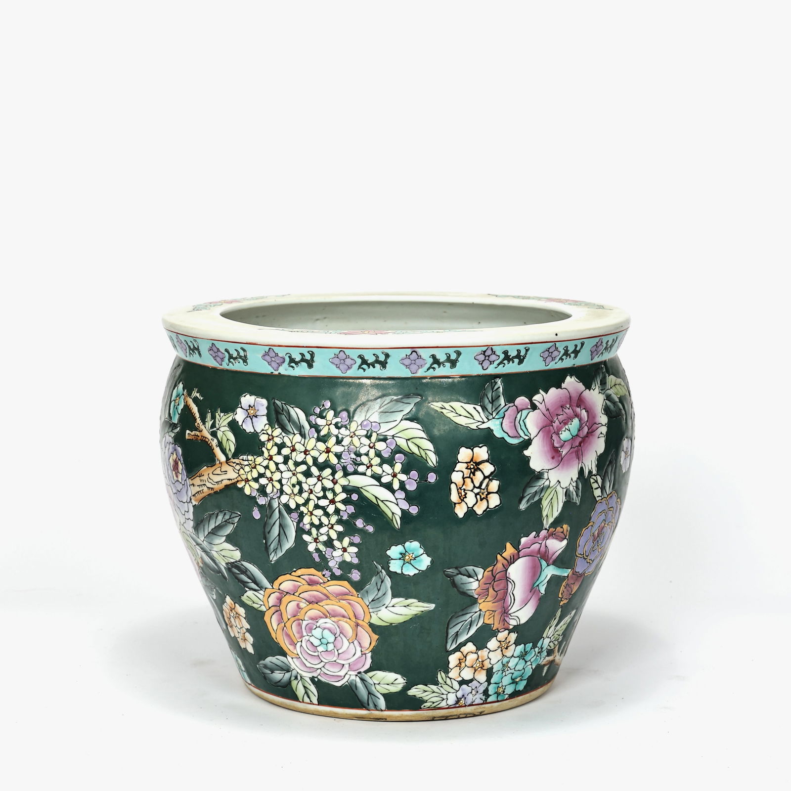 Large Chinese Porcelain Fish Pot Planter Green Floral Pattern (1 of 8)