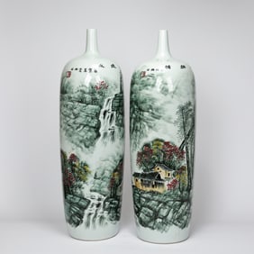 Pair Of Large Tall Porcelain Vase With Landscape Pattern