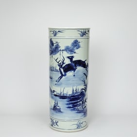 Chinese Blue And White Porcelain Deers Graphic Column Vase Holder