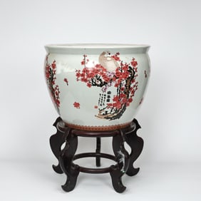 Large Porcelain Fish Bowl Cherry Blossom Crane Design With Stand
