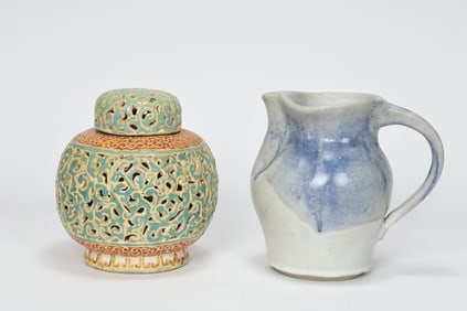 Two Art Pottery Jar And Enamel Ginger Jar Lamp