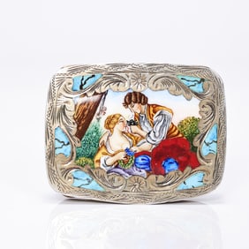 Vintage Italian Sterling Silver Gilt Inlaid Enamel Powder Compact