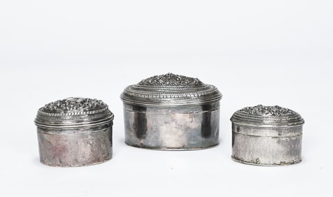 Sterling Silver Oval Pill Box With Floral Lid Set Of 3