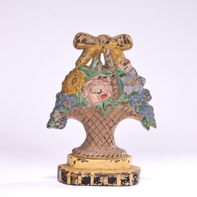 Vintage Hubley Cast Iron Paint Basket With Bow Door Stop