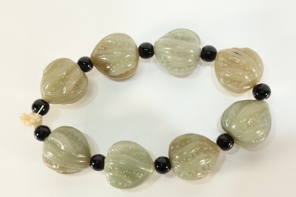 Jade Carved Walnut Shape Bead Bracelet